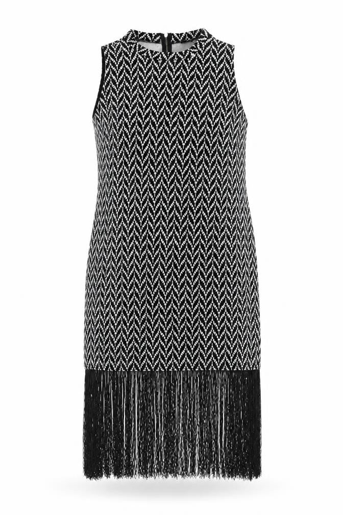 Front view of Simply Be women’s black geometric viscose shift, size UK 18, round neck zip