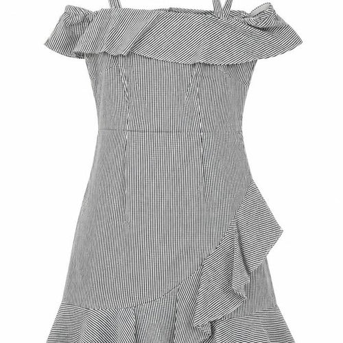 Donna Morgan Womens White Geometric Cotton Mini Size 6 Off the Shoulder Zip