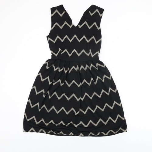 Mela London Womens Black Geometric Polyester Skater Dress Size 10 V-Neck Zip