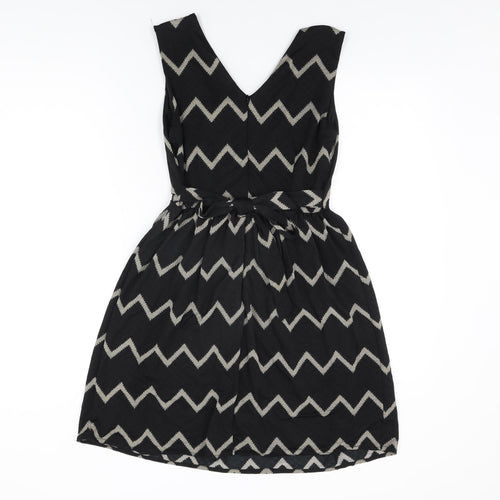 Mela London Womens Black Geometric Polyester Skater Dress Size 10 V-Neck Zip