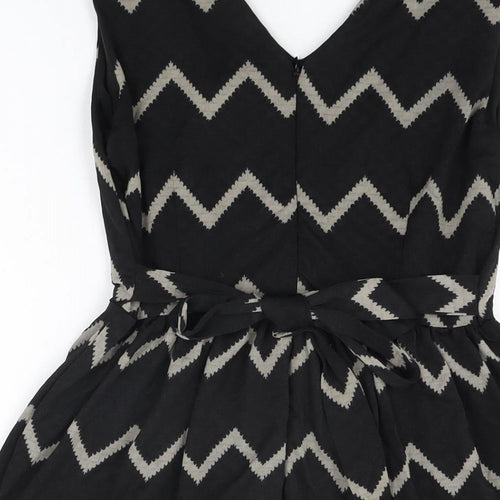 Mela London Womens Black Geometric Polyester Skater Dress Size 10 V-Neck Zip