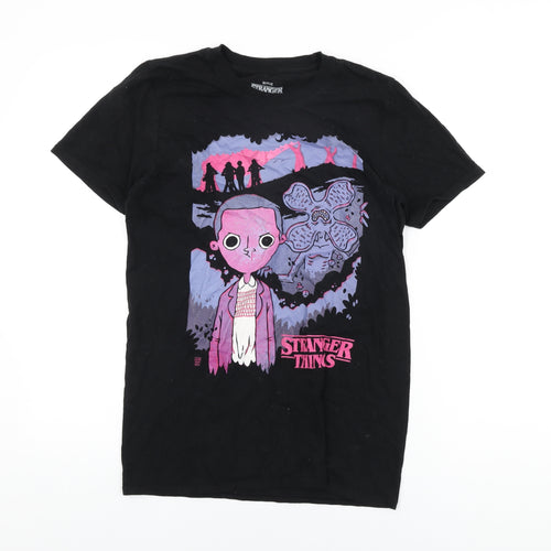Stranger Things Womens Black Cotton Basic T-Shirt Size S Round Neck