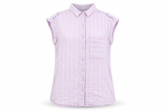 Front view of Next women’s purple striped viscose basic button-up, size UK 10, collared