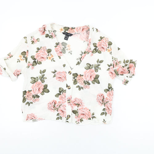 New Look Womens White Floral Viscose Basic Button-Up Size 8 V-Neck