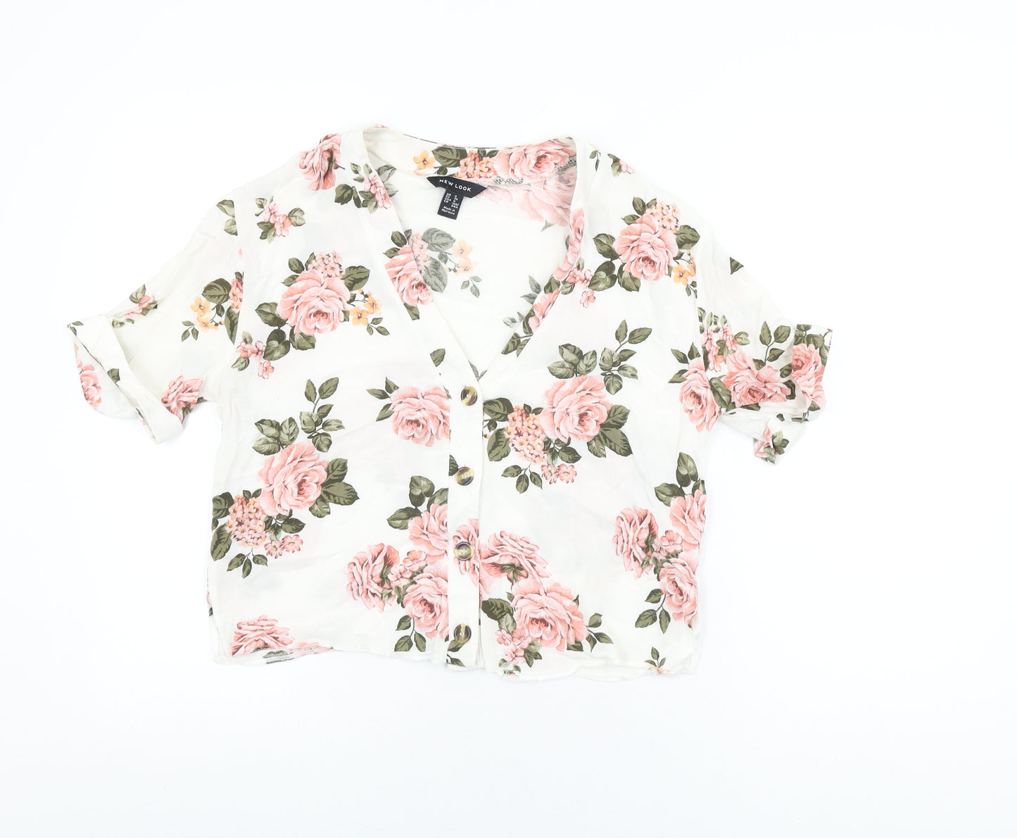 New Look Womens White Floral Viscose Basic Button-Up Size 8 V-Neck