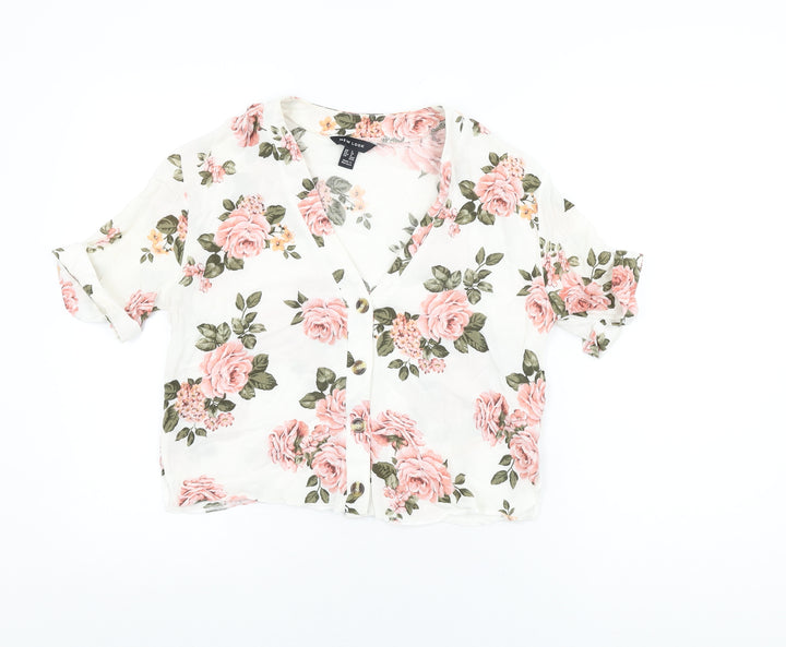 New Look Womens White Floral Viscose Basic Button-Up Size 8 V-Neck