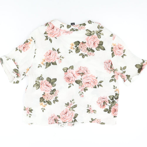 New Look Womens White Floral Viscose Basic Button-Up Size 8 V-Neck