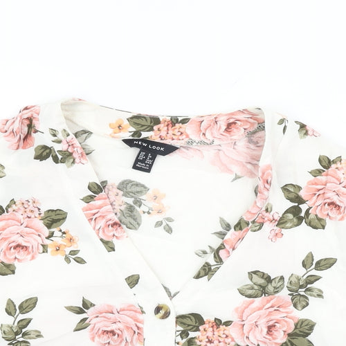 New Look Womens White Floral Viscose Basic Button-Up Size 8 V-Neck