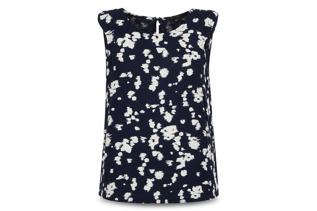 Front view of Autograph women’s blue geometric viscose basic t-shirt, size UK 12, round neck