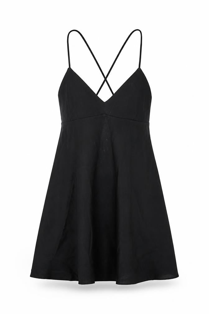 Front view of Zara women’s black acetate mini, size L, v-neck pullover