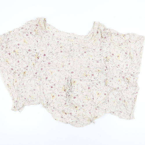 Label Lab Womens Ivory Floral Viscose Basic T-Shirt Size 10 Round Neck