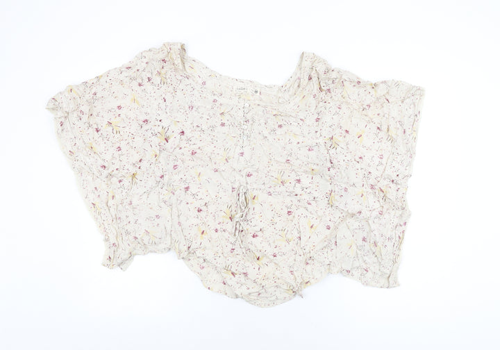 Label Lab Womens Ivory Floral Viscose Basic T-Shirt Size 10 Round Neck