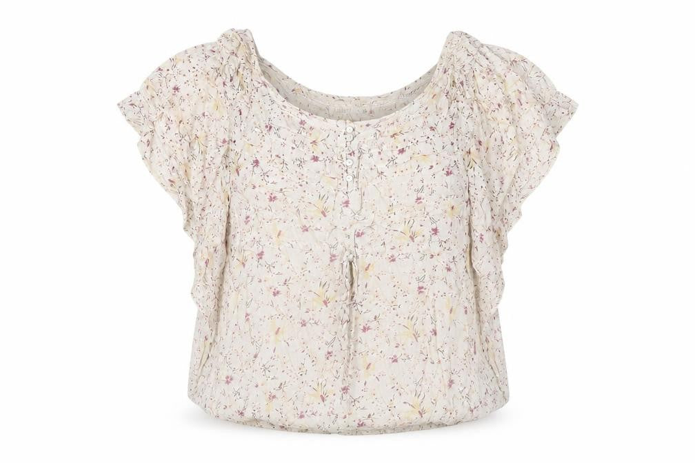 Front view of Label Lab women’s ivory floral viscose basic t-shirt, size UK 10, round neck