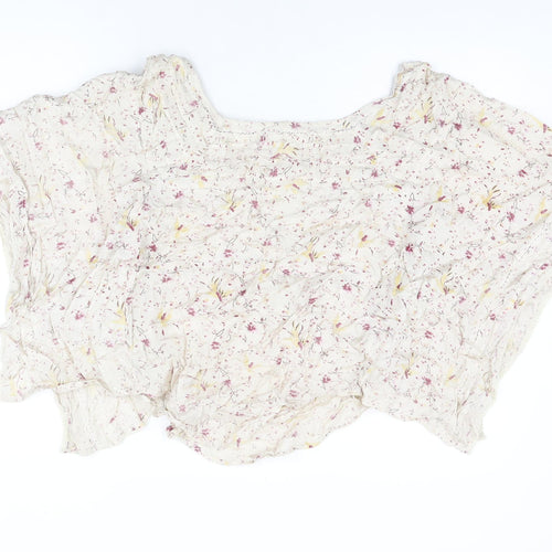 Label Lab Womens Ivory Floral Viscose Basic T-Shirt Size 10 Round Neck