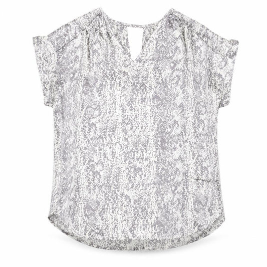 Front view of Avon women’s white geometric polyester basic blouse, size UK 10, v-neck