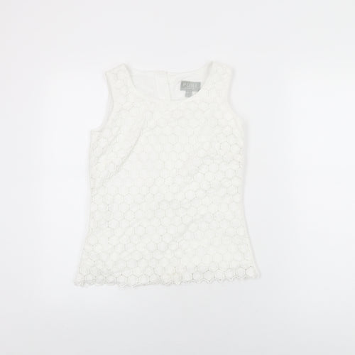 Pure Womens White Geometric Cotton Basic T-Shirt Size 8 Round Neck