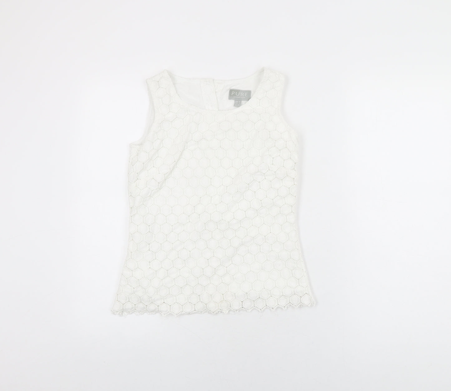 Pure Womens White Geometric Cotton Basic T-Shirt Size 8 Round Neck