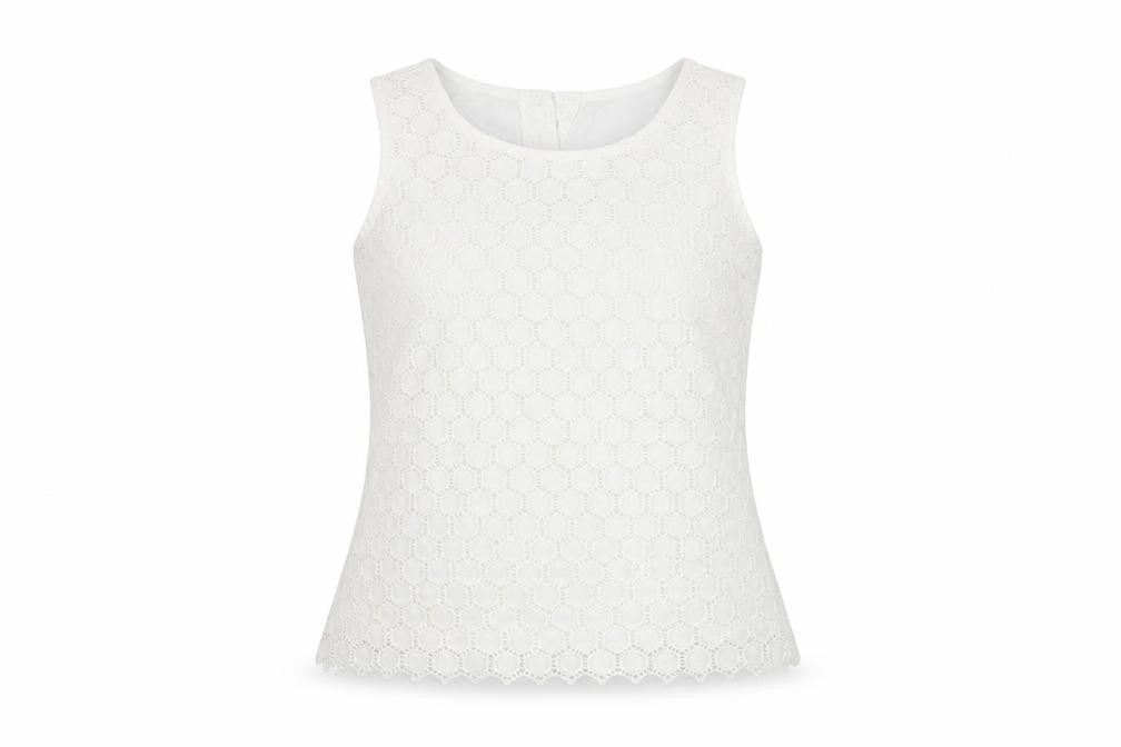 Front view of Pure women’s white geometric cotton basic t-shirt, size UK 8, round neck