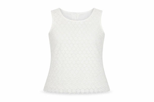 Front view of Pure women’s white geometric cotton basic t-shirt, size UK 8, round neck