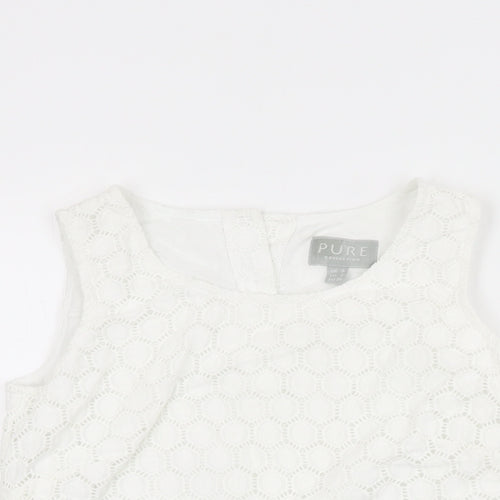Pure Womens White Geometric Cotton Basic T-Shirt Size 8 Round Neck