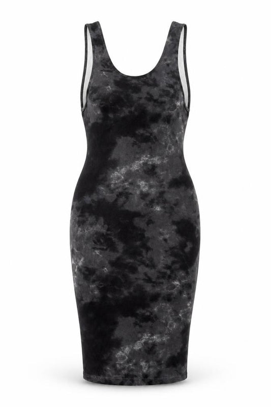 Front view of ASOS women’s black geometric viscose bodycon, size UK 10, scoop neck pullover