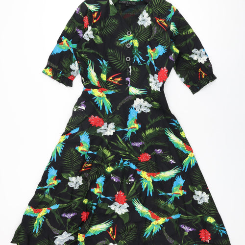 Elsie's Attic Womens Black Floral Cotton A-Line Size 10 V-Neck Zip