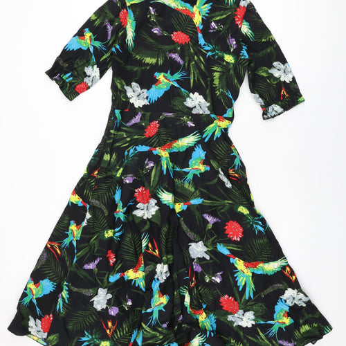 Elsie's Attic Womens Black Floral Cotton A-Line Size 10 V-Neck Zip