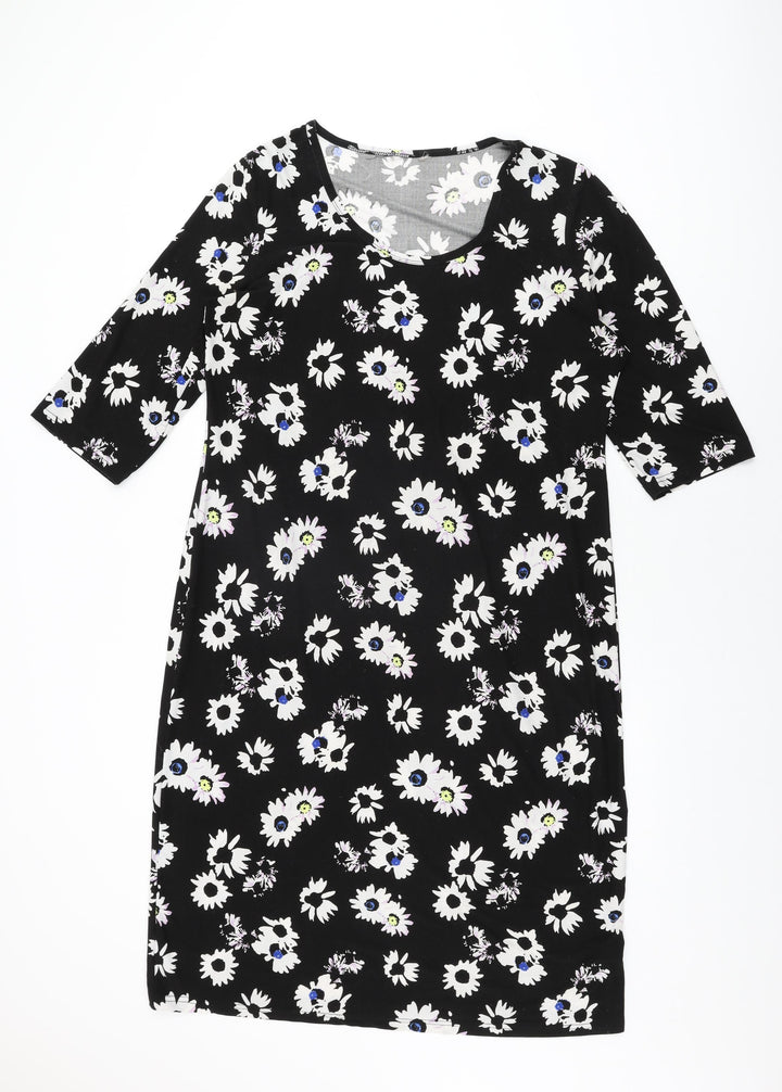 Anthology Womens Black Floral Polyester Shift Size 16 Scoop Neck Pullover