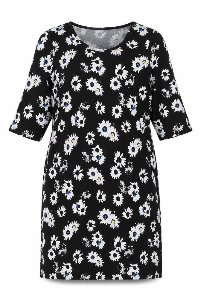 Front view of Anthology women’s black floral polyester shift, size UK 16, scoop neck pullover