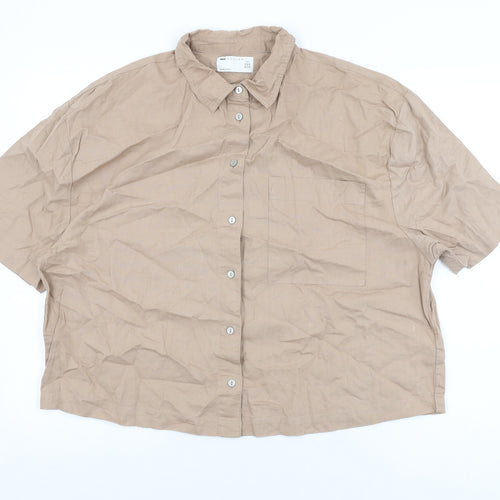 ASOS Womens Brown Linen Basic Button-Up Size 14 Collared
