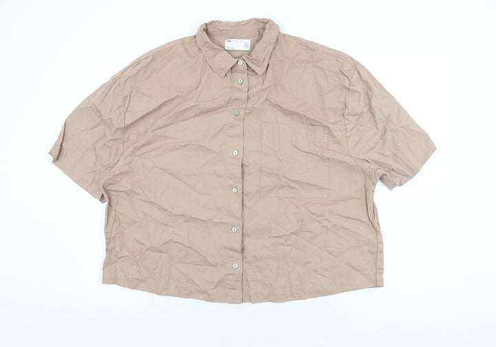 ASOS Womens Brown Linen Basic Button-Up Size 14 Collared