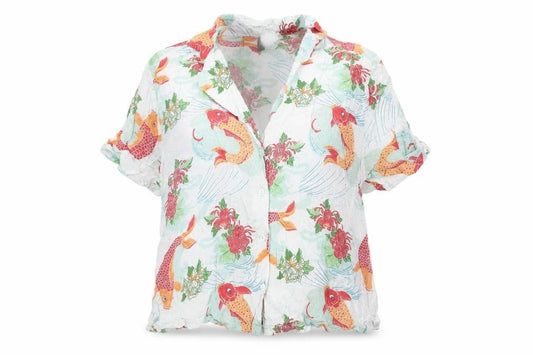 Front view of ASOS women’s white geometric modal basic button-up, size UK 12, collared