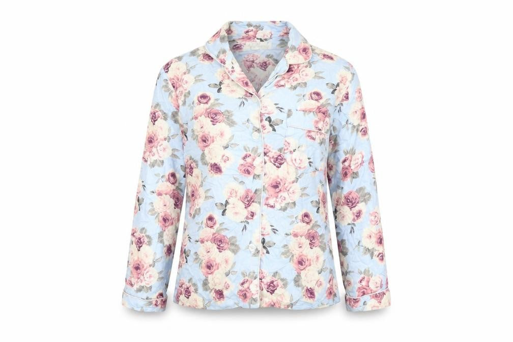 Front view of Magnolia women’s blue floral polyester top pyjama top, size M, button