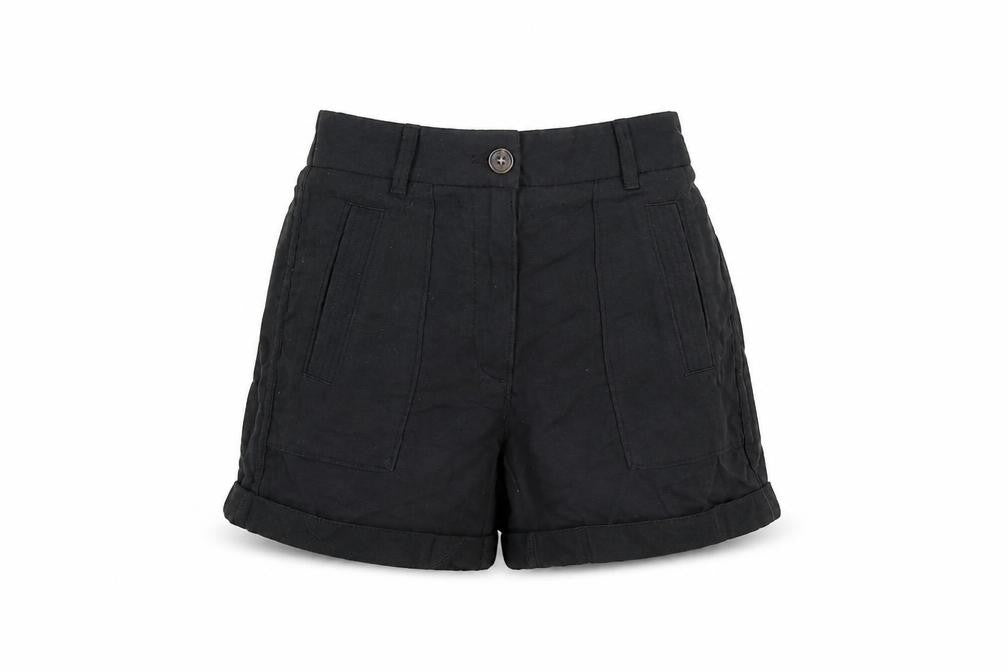Front view of Per Una women’s black cotton basic shorts, size UK 6, 5-inch leg regular zip