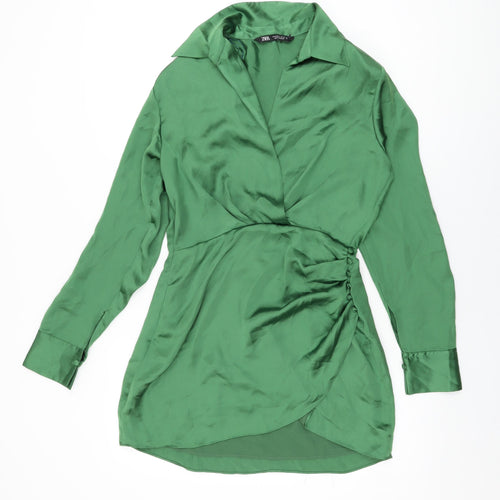 Zara Womens Green Polyester Shirt Dress Size S Collared Zip