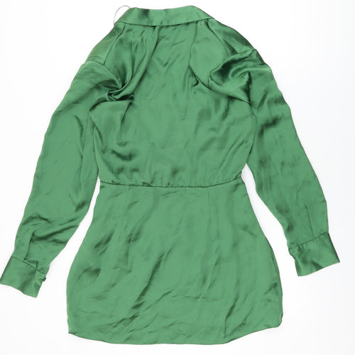 Zara Womens Green Polyester Shirt Dress Size S Collared Zip