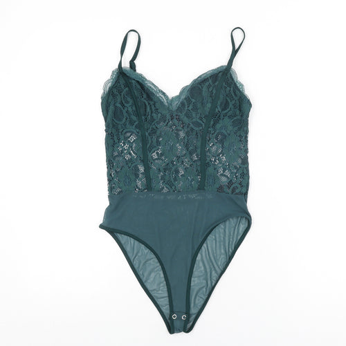New Look Womens Green Floral Nylon Bodysuit One-Piece Size 12 Snap