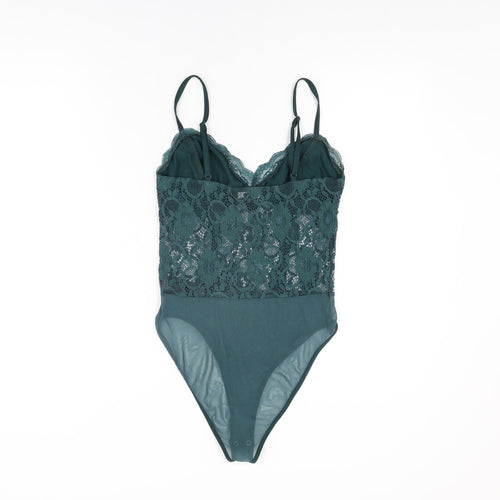 New Look Womens Green Floral Nylon Bodysuit One-Piece Size 12 Snap