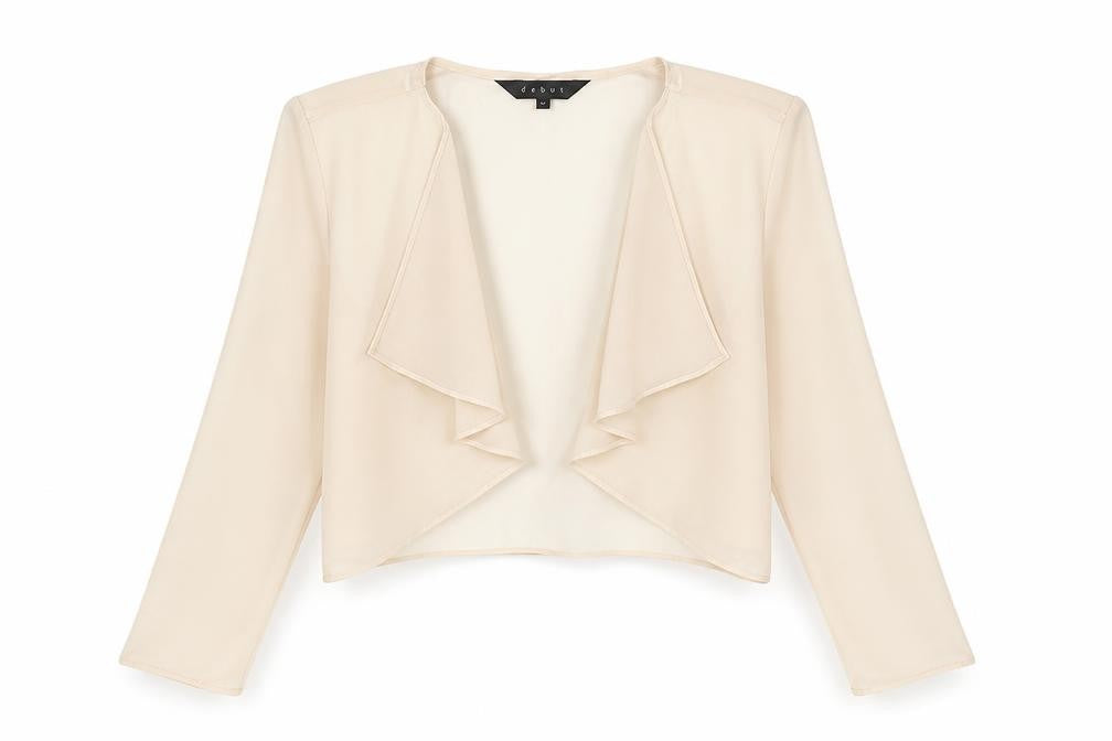 Front view of Debut women’s pink polyester cropped blouse, size UK 12, v-neck