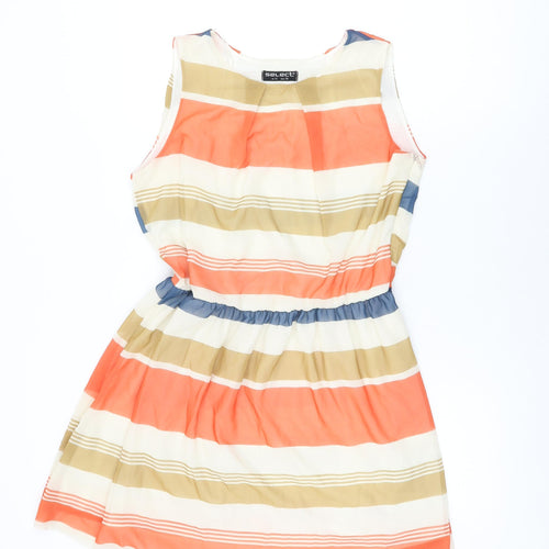Select Womens Ivory Striped Polyester Skater Dress Size 14 Round Neck Zip