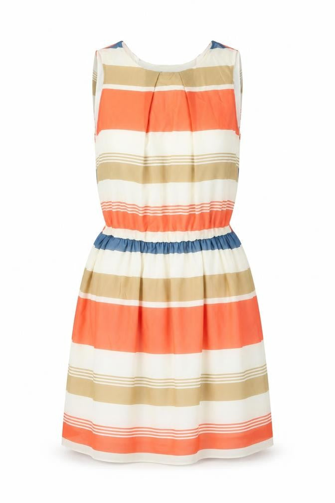 Front view of Select women’s ivory striped polyester skater dress, size UK 14, round neck zip