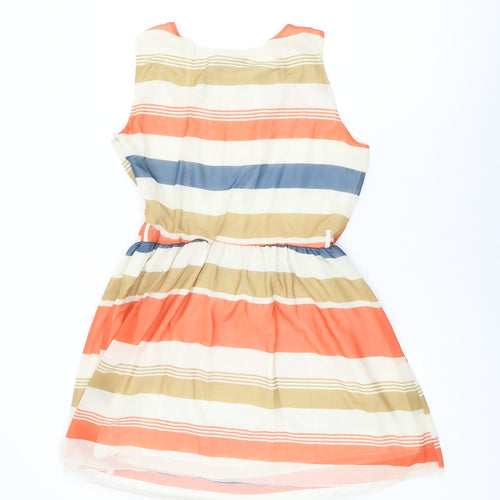 Select Womens Ivory Striped Polyester Skater Dress Size 14 Round Neck Zip