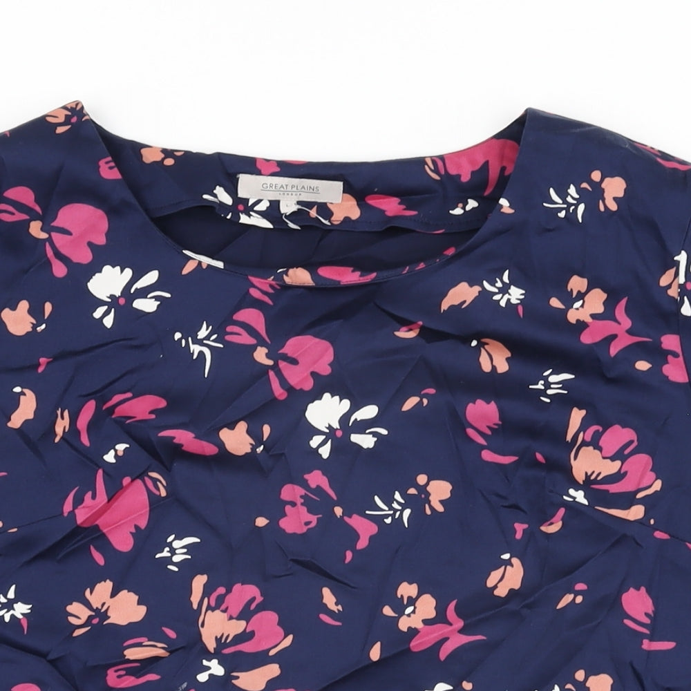 Great Plains Womens Blue Floral Cotton Basic T-Shirt Size L Round Neck