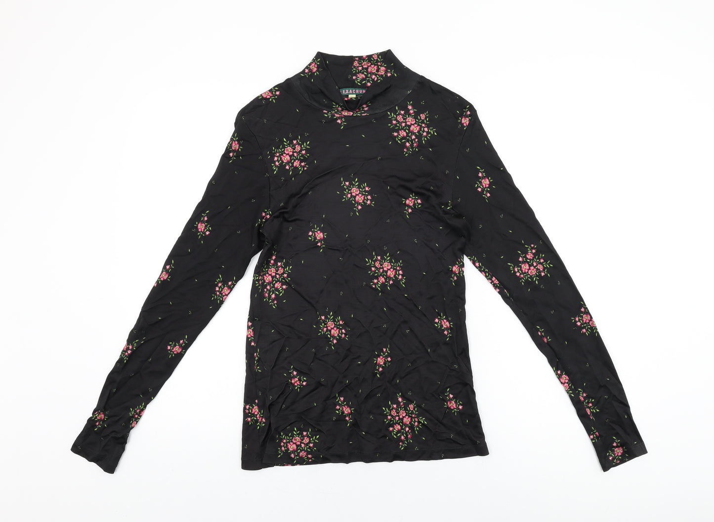 ALEXACHUNG Womens Black Floral Viscose Basic T-Shirt Size L High Neck