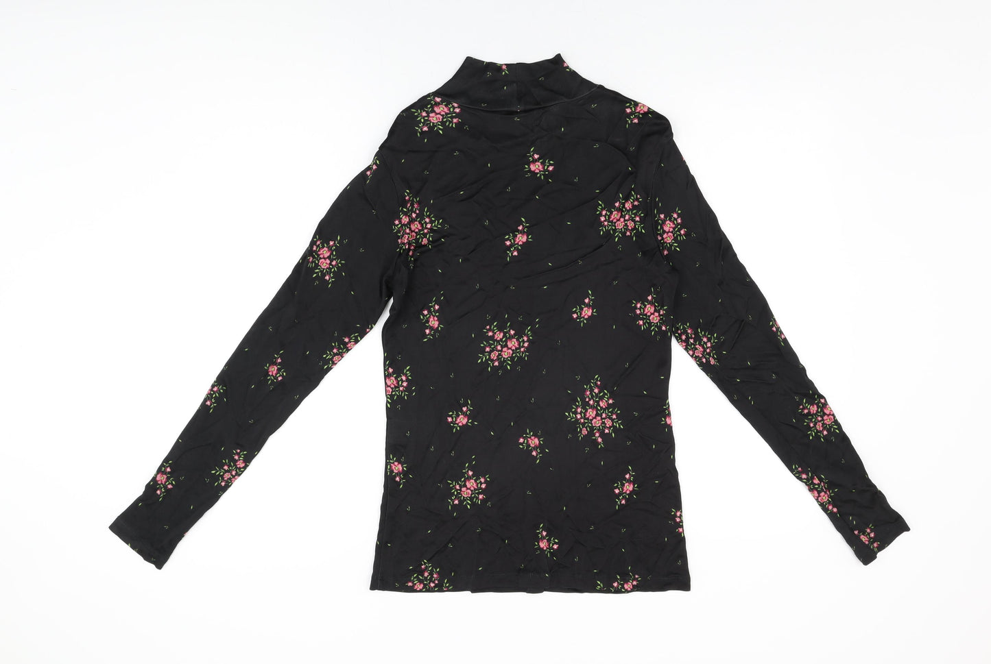 ALEXACHUNG Womens Black Floral Viscose Basic T-Shirt Size L High Neck
