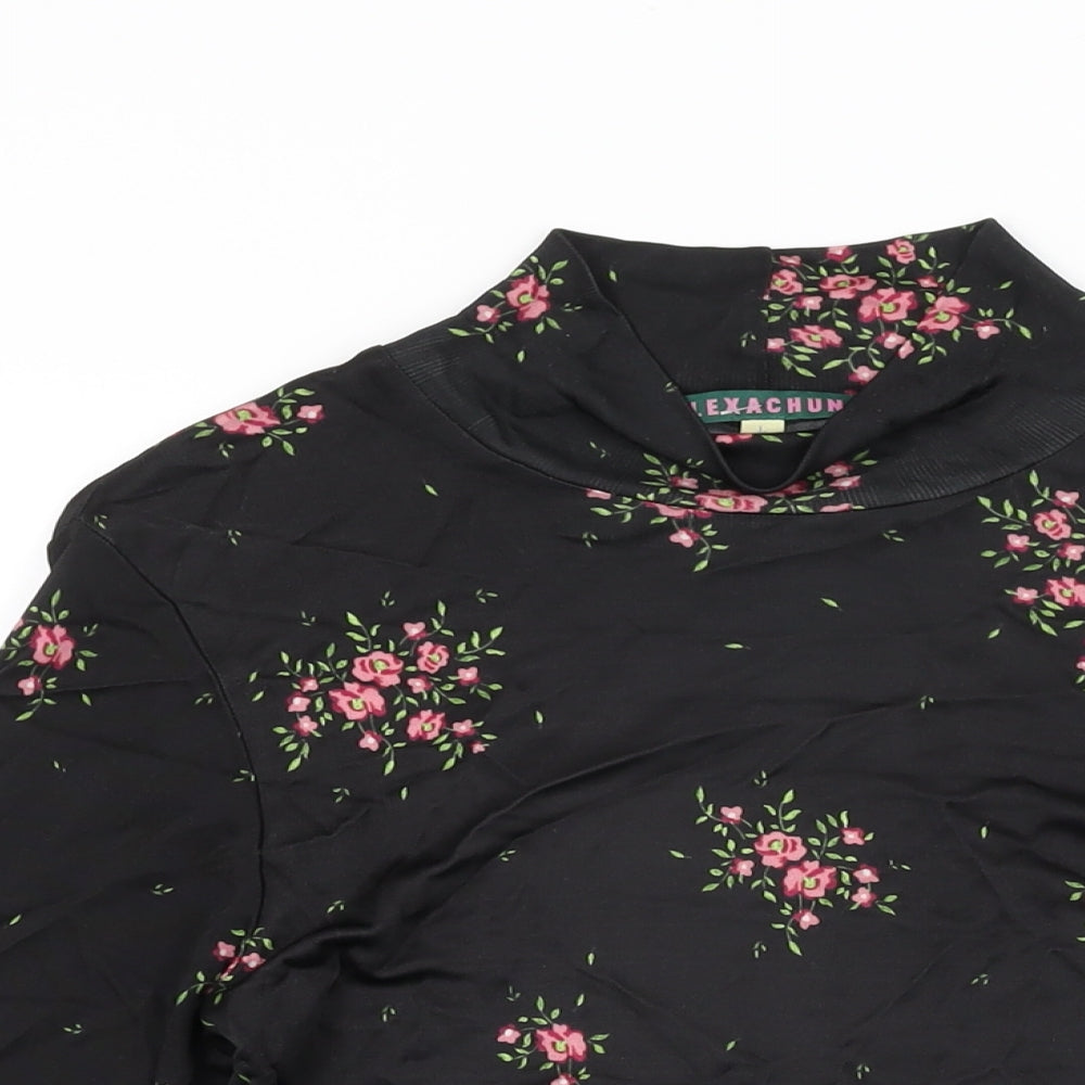 ALEXACHUNG Womens Black Floral Viscose Basic T-Shirt Size L High Neck