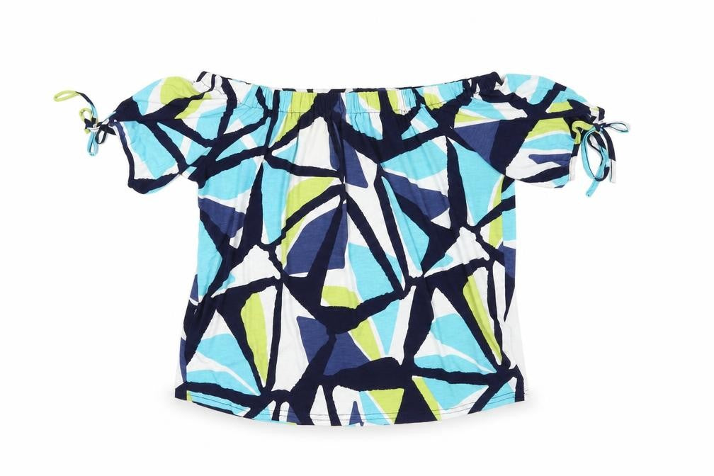 Front view of Marble women’s multicoloured geometric polyester basic t-shirt, size S, off the shoulder