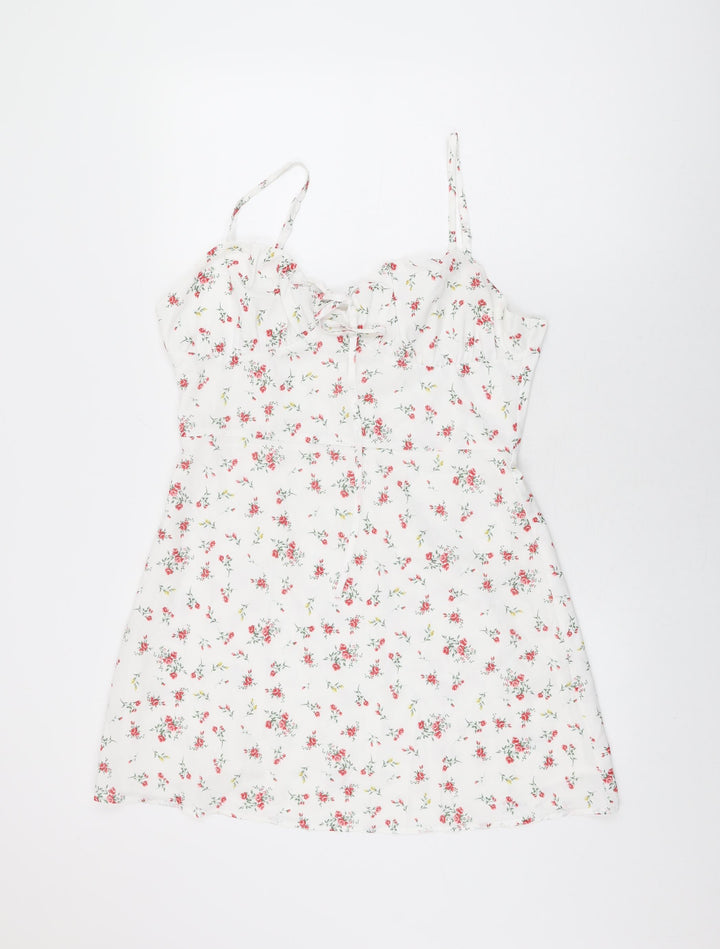 Collective The label Womens White Floral Polyester Mini Size 14 V-Neck Zip