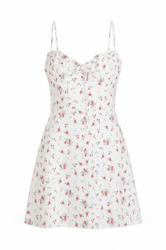 Front view of Collective The label women’s white floral polyester mini, size UK 14, v-neck zip