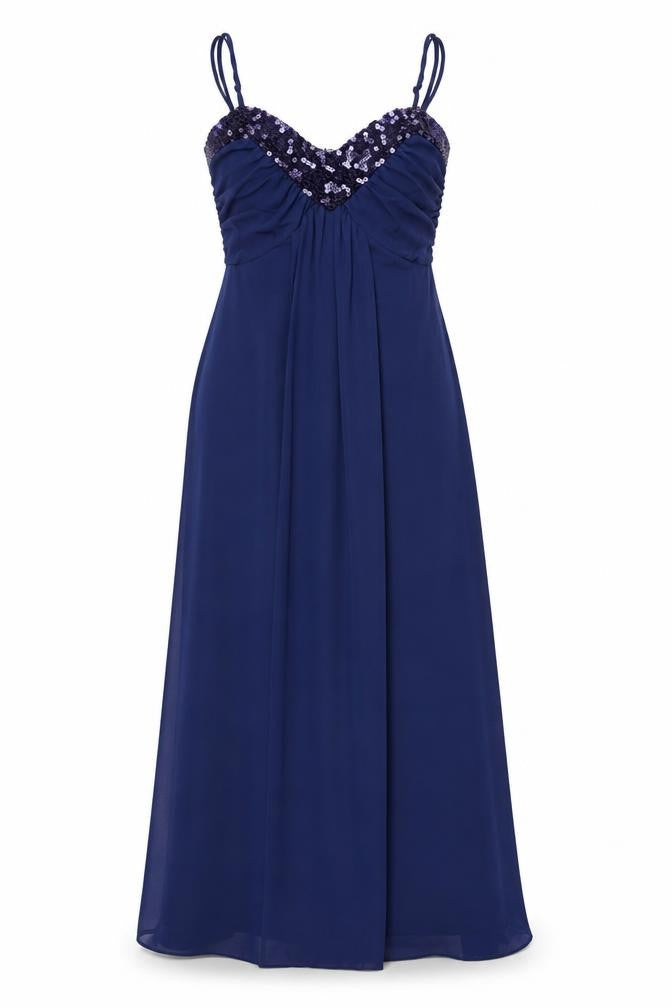 Front view of Klass women’s blue polyester maxi, size UK 10, v-neck pullover